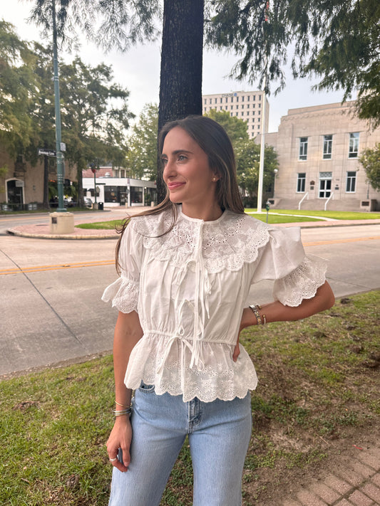 Eyelet Lace Detail Cinched Elastic Waist Top